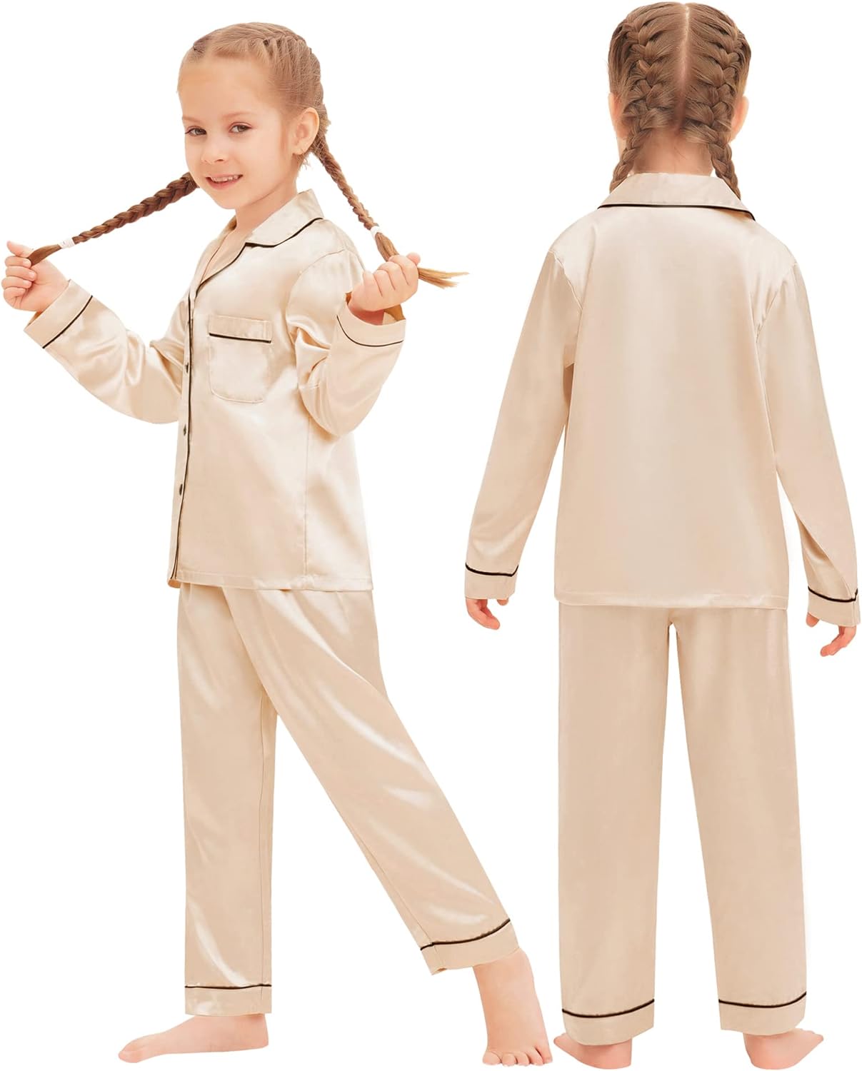 SWOMOG Family Matching Pajamas Set Silk Satin Button Down Sleepwear ...