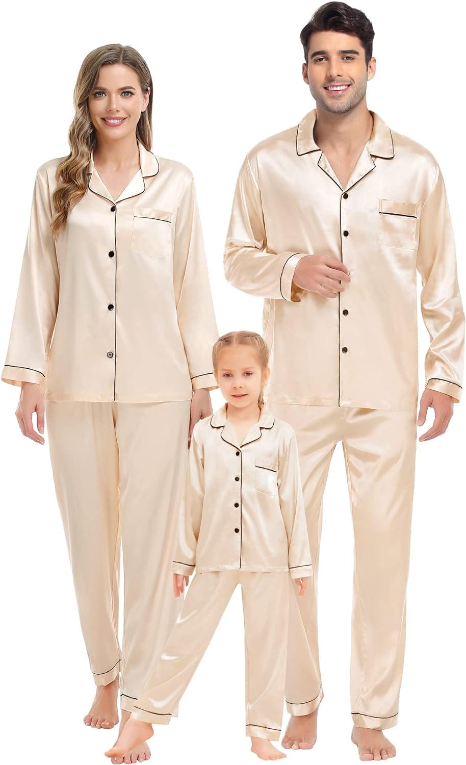 SWOMOG Family Matching Pajamas Set Silk Satin Button Down Sleepwear ...