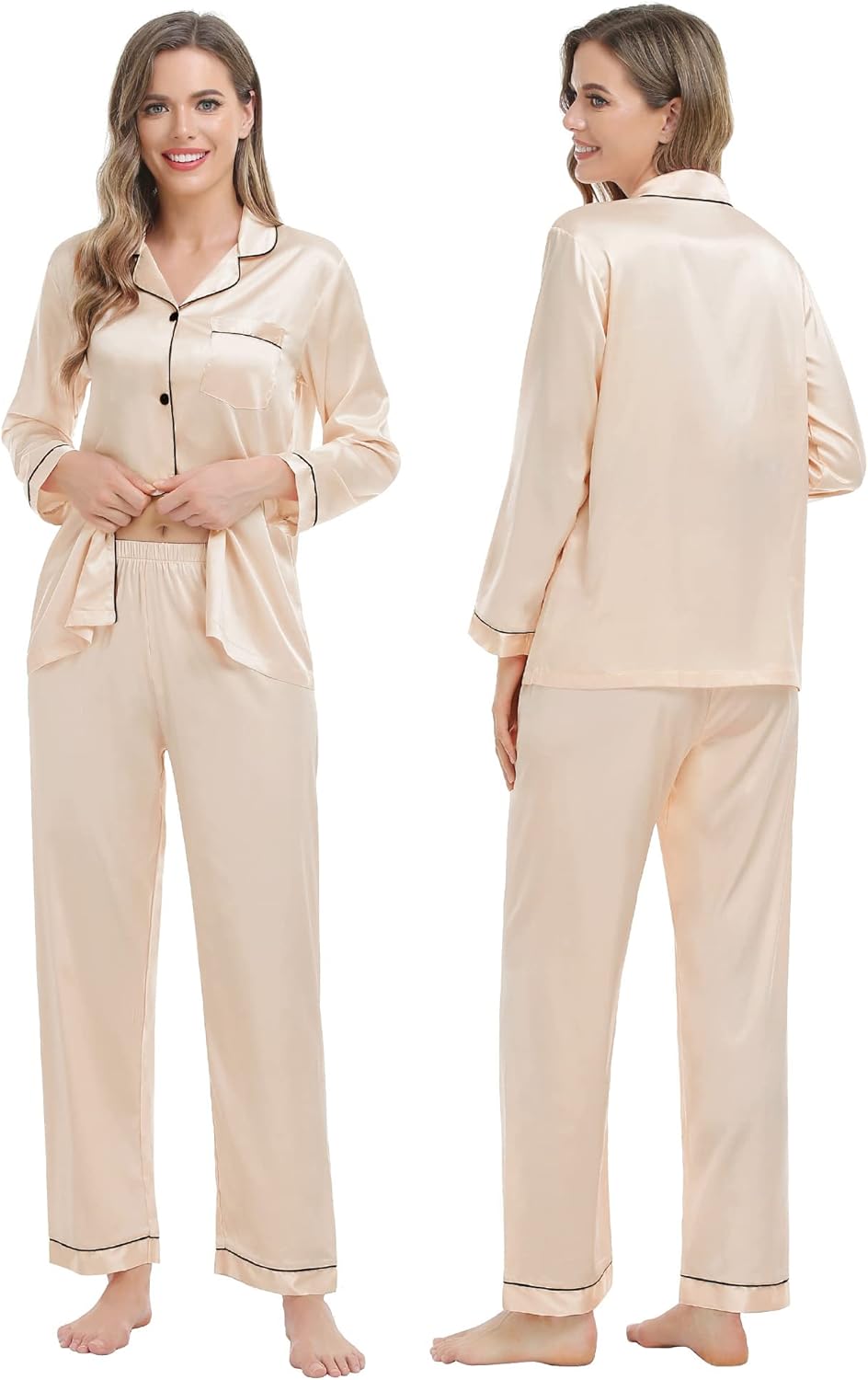 SWOMOG Family Matching Pajamas Set Silk Satin Button Down Sleepwear ...