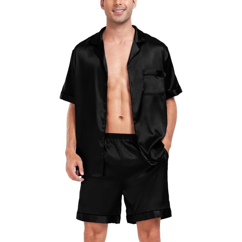 SWOMOG Men's Satin Robe with Shorts Set Silky Short Sleeve Kimono