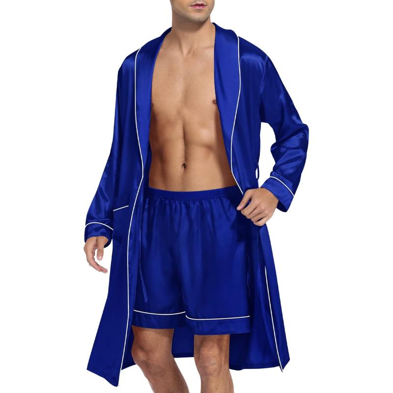 SWOMOG Men's Satin Robe with Shorts Set Silky Short Sleeve Kimono