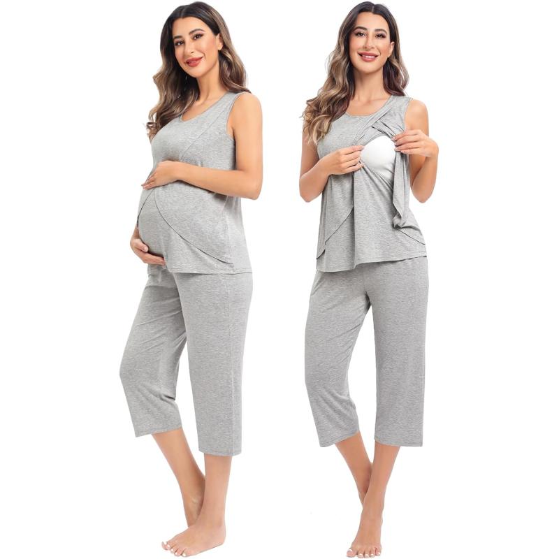 SWOMOG Women 3 in 1 Delivery/Labor/Nursing Nightgown Short Sleeve Pleated  Maternity Sleepwear for Breastfeeding