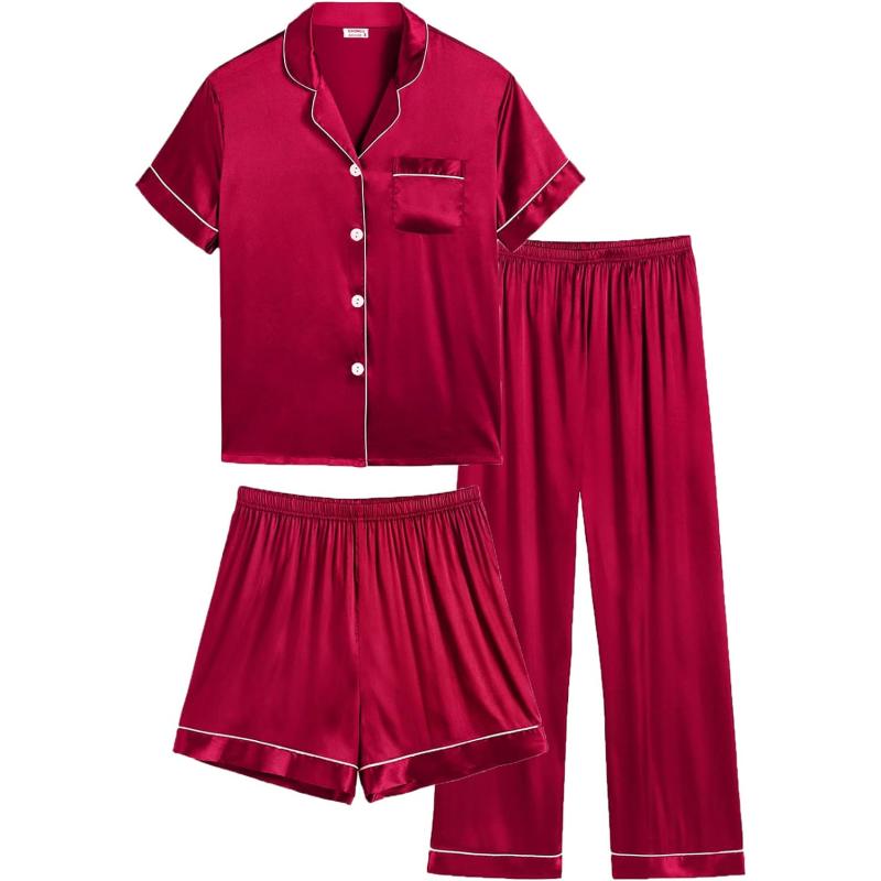 SWOMOG Women's Plus Size Pajamas Silk Satin Pajama Set Short