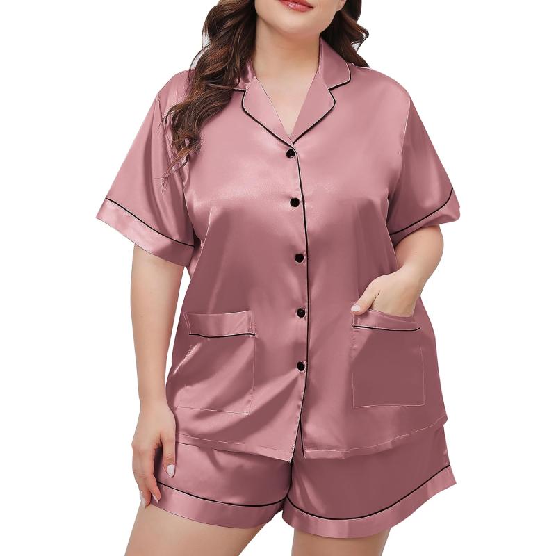 SWOMOG Women Pajama Sets Two-Piece Nightwear Short Sleeve Sleepwear Button  Down Pj Lounge Sets with Long Pants